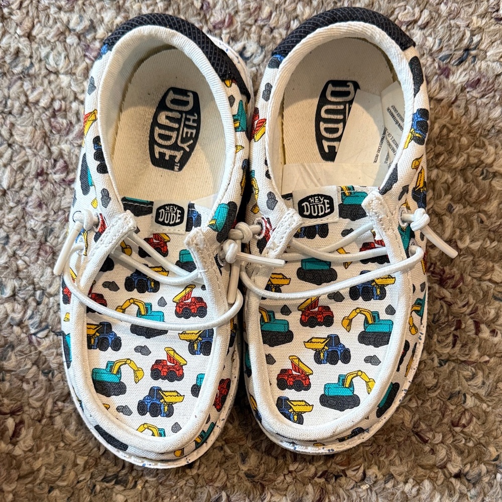 Hey Dude Kids White Slip-On Sneakers with Colorful Construction Print